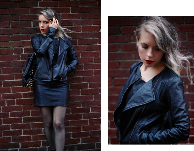 black leather jacket, allsaints leather dress, red lips & windblown hair via leather on leather | covetous creatures