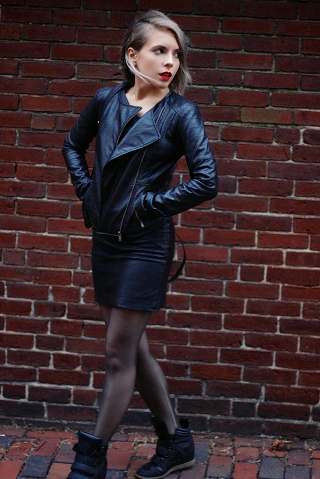 leather jacket, leather dress, sneaker wedges via leather on leather | covetous creatures